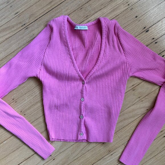 Zara TRF Cropped Pink Ribbed Cardigan - Picture 3 of 6